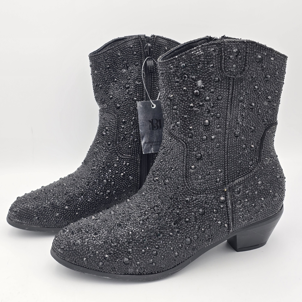 NWT Badgley Mischka Girls’ Sparkly Cowgirl Boots, Black Rhinestones - Picture 4 of 16